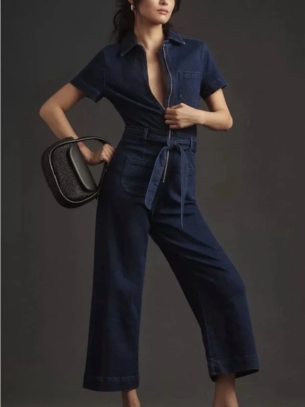 Maeve Anthropologie The Colette Dark Denim Zip Front Jumpsuit